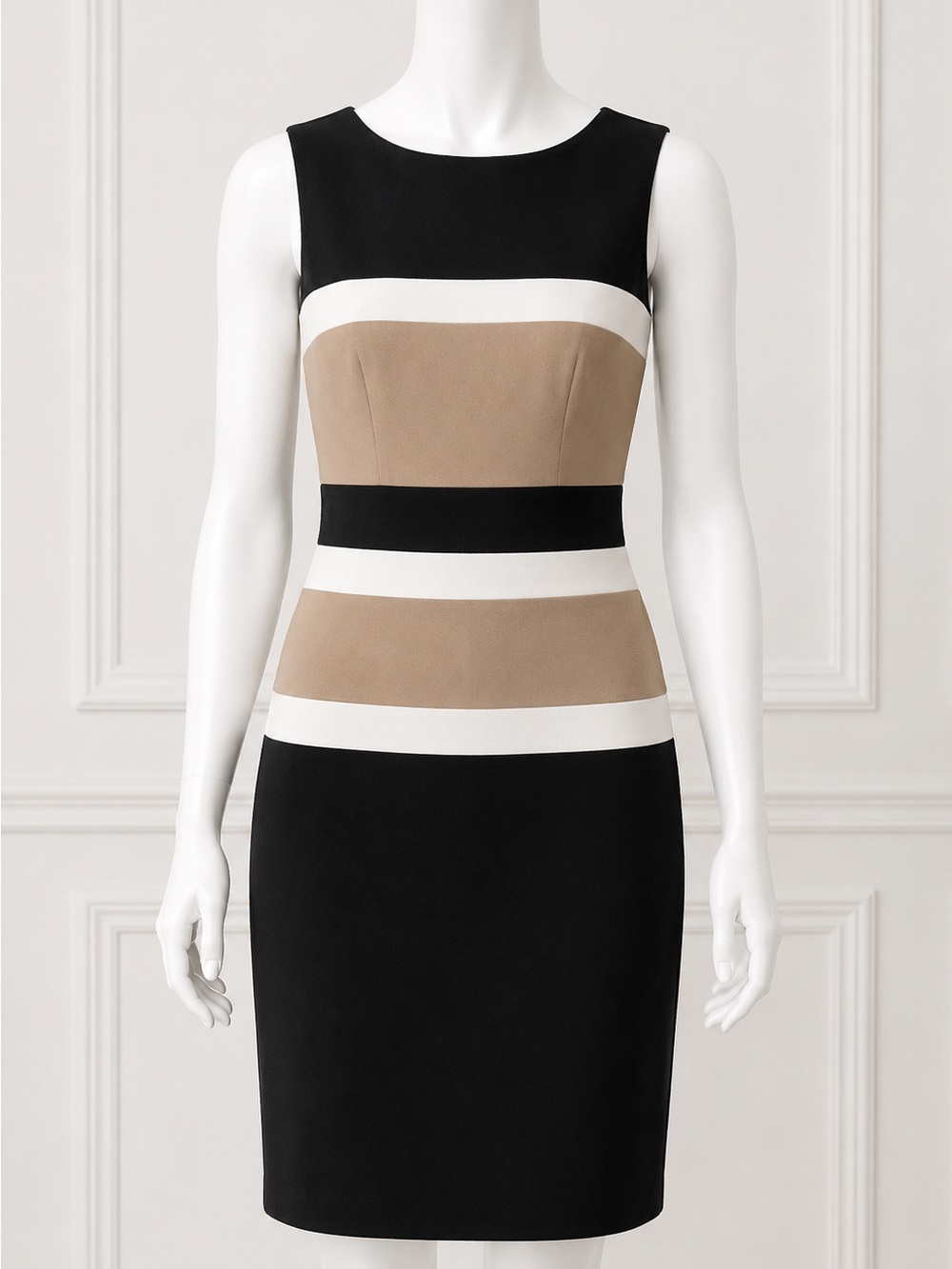 Sandra Darren Black Midi Dress with Tan and White Stripes